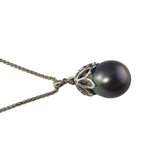 Vintage 18K White Gold Tahitian Pearl Diamond Pendant Necklace JAGi cert. #13701 - Picture 5 of 9